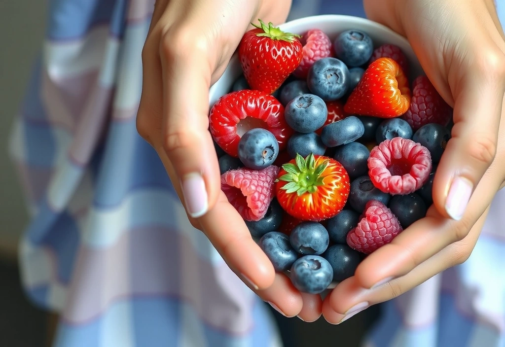 Hände halten frische Beeren in einer Schale